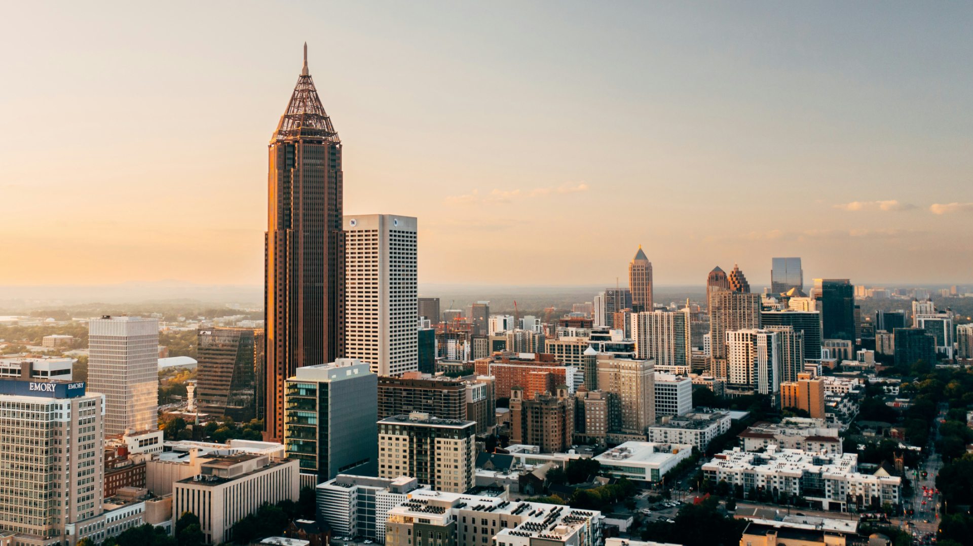 Atlanta skyline with skyscrapers in the distance.