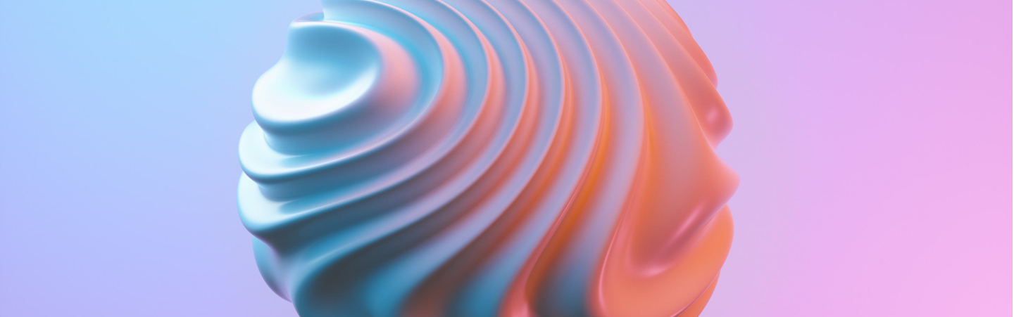 Minimalist white globe made of smooth plastic with contours floating in pink and blue and purple light desktop