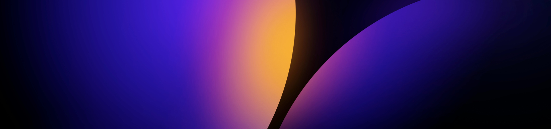 Two spheres that are purple yellow and pink converging against a black background
