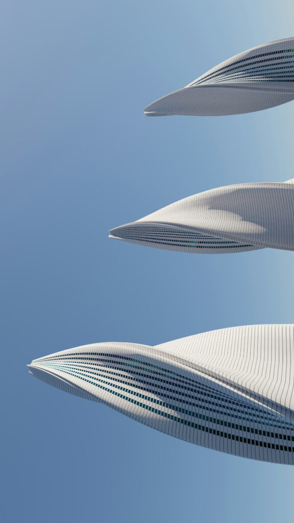 three surreal white twisted pillars with blue squares in front of a light blue background